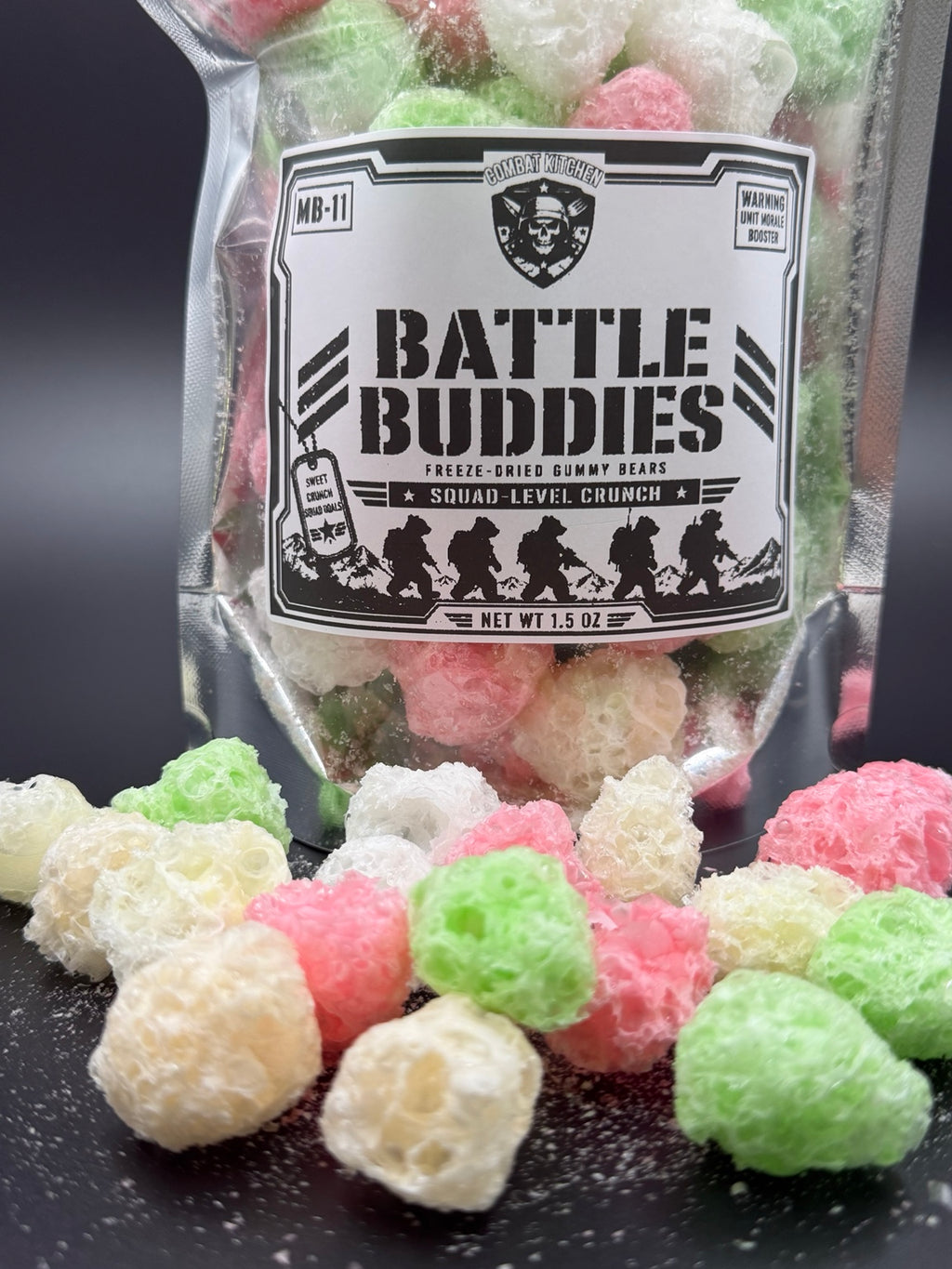 Battle Buddies freeze dried gummy bears closeup