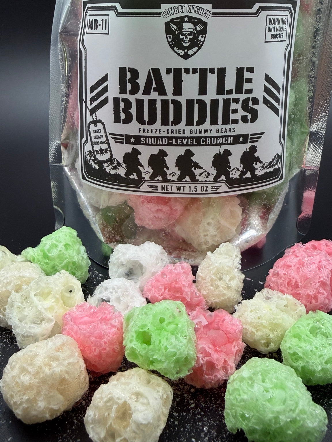 Battle Buddies freeze dried gummy bears label closeup