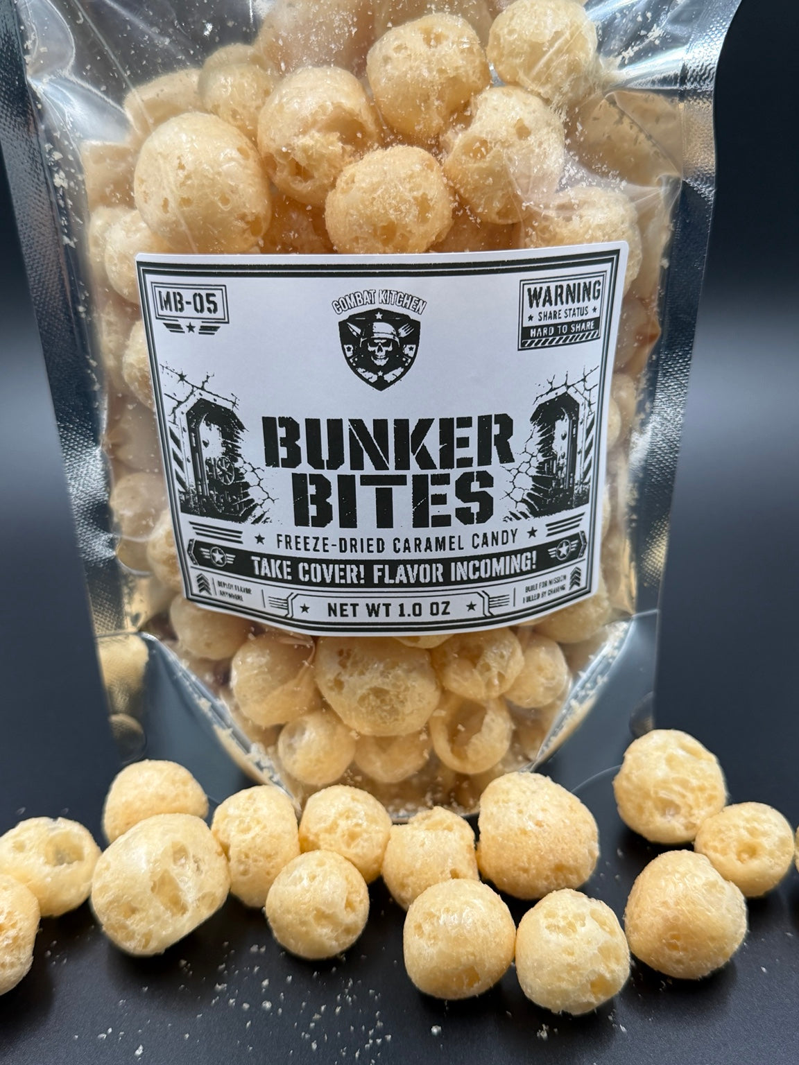 Bunker Bites freeze dried caramel candy close up