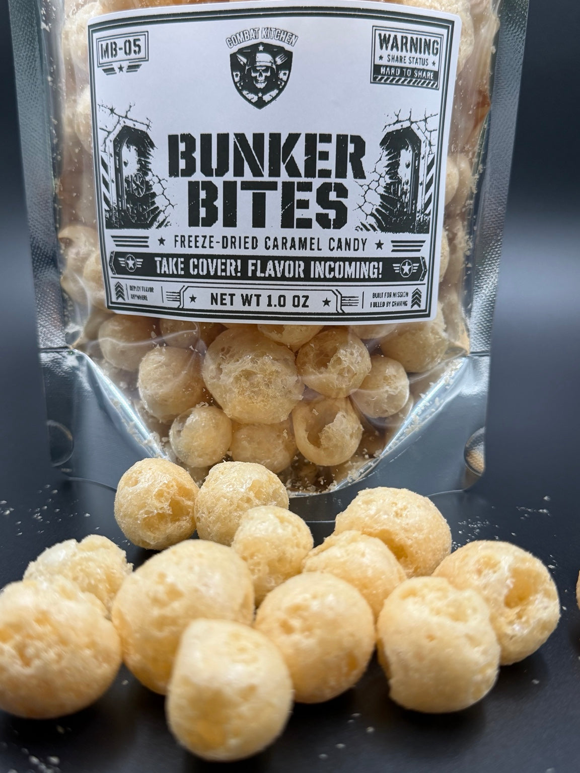 Bunker Bites freeze dried caramel candy front shot