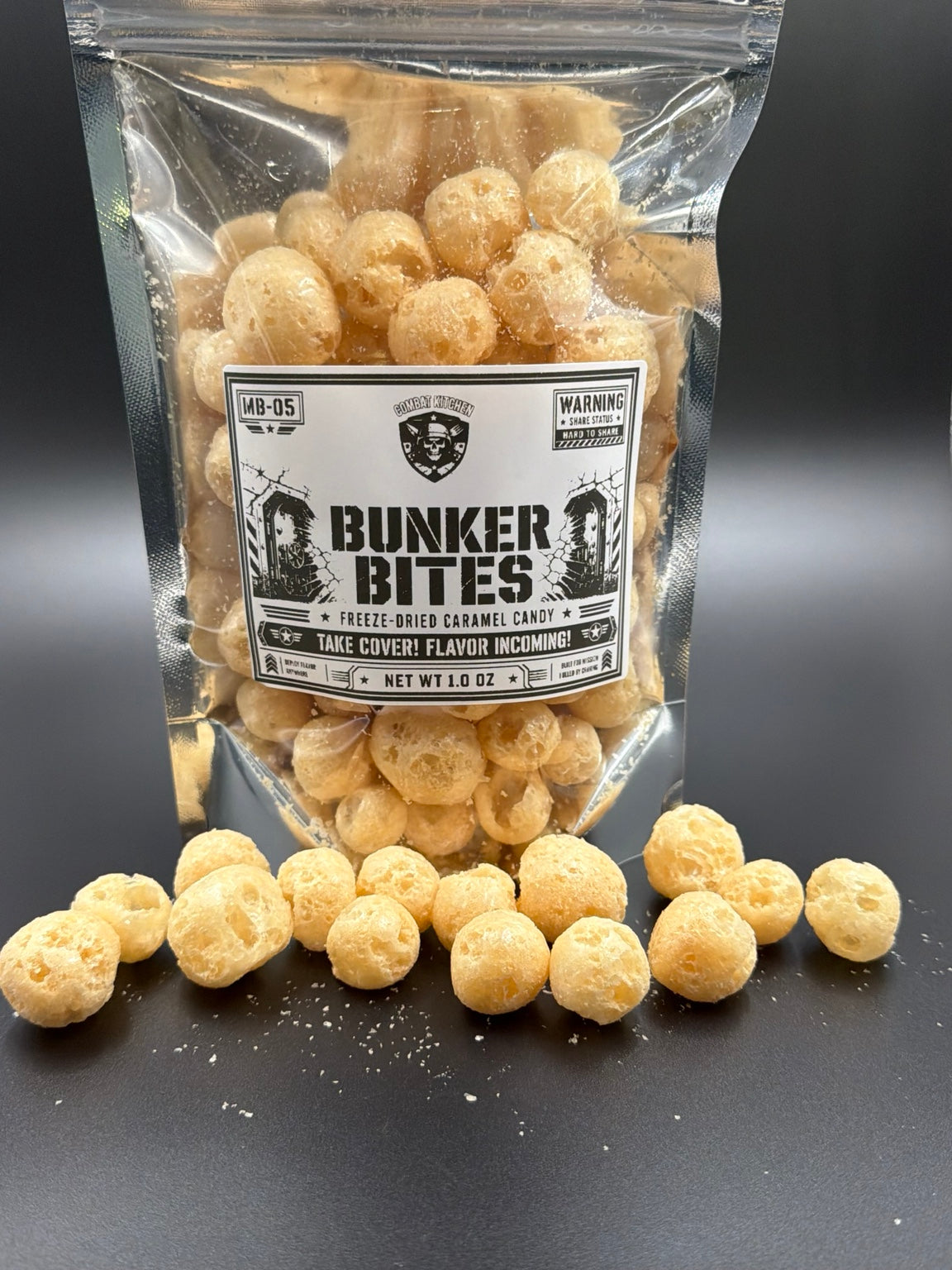 Bunker Bites freeze dried caramel candy product shot with candy spread