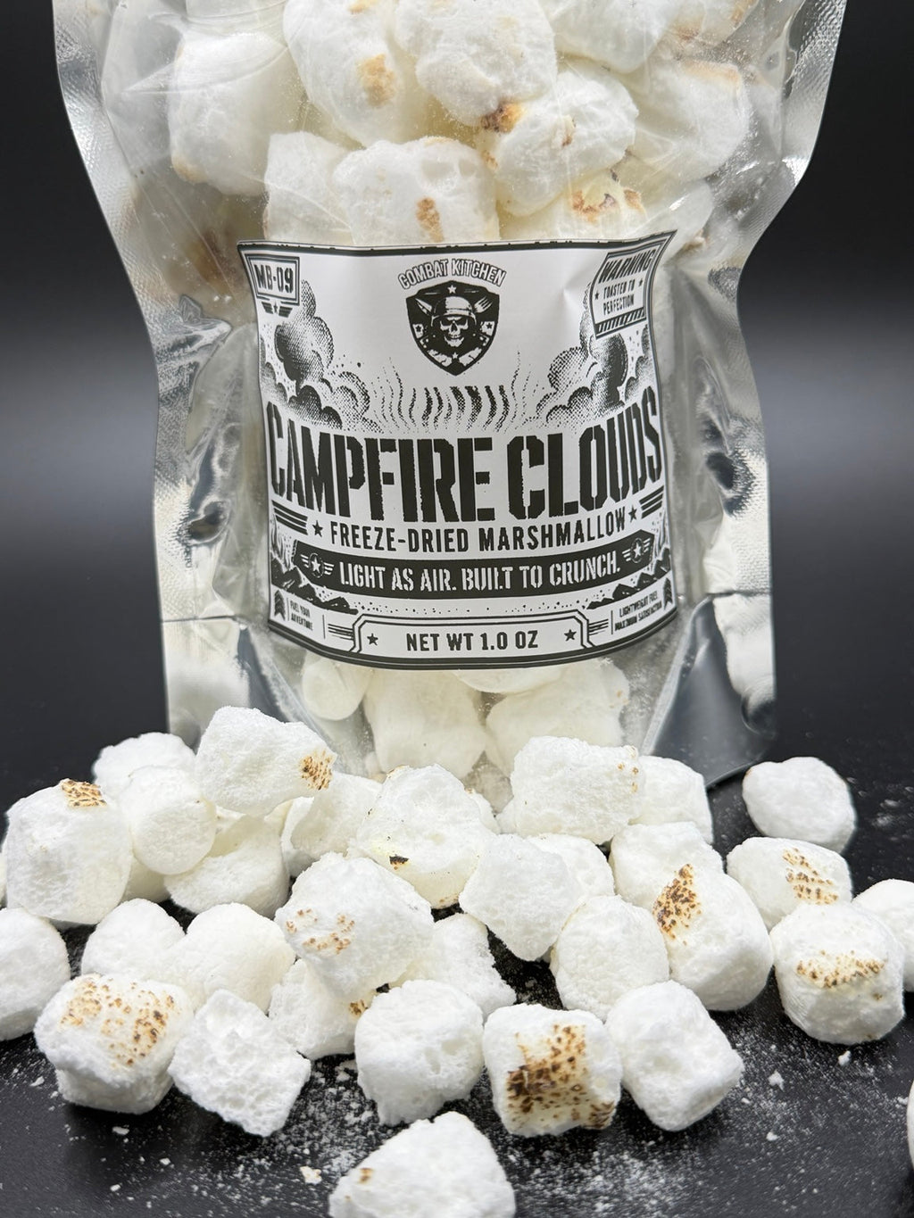Campfire Clouds freeze dried marshmallow label closeup