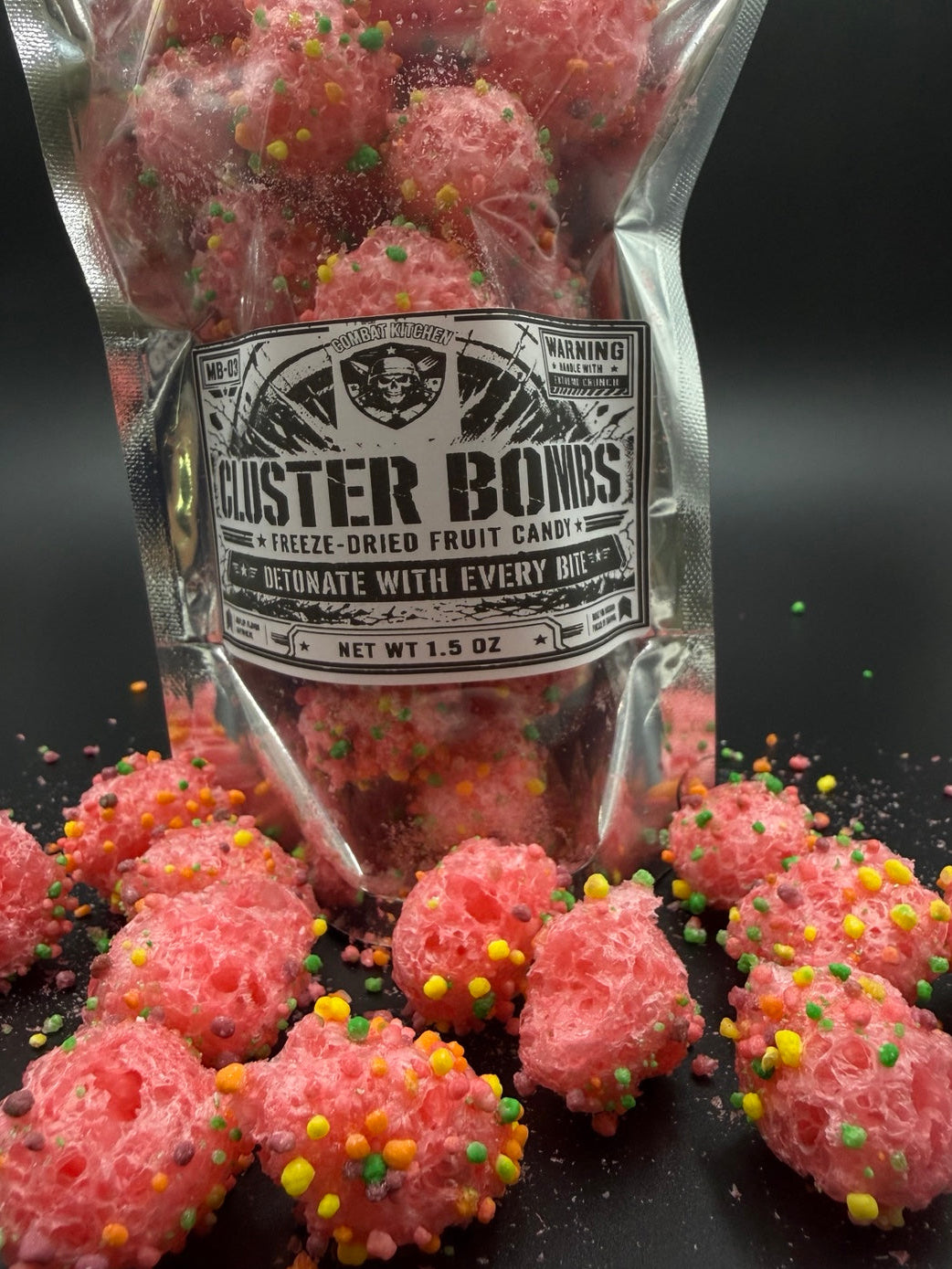 Cluster Bombs freeze dried candy close up with candy pieces