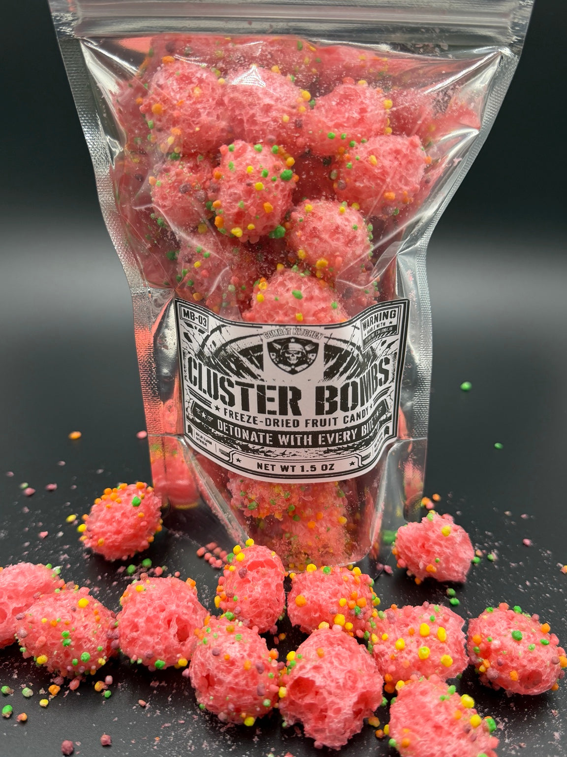 Cluster Bombs freeze dried candy product shot with candy spread