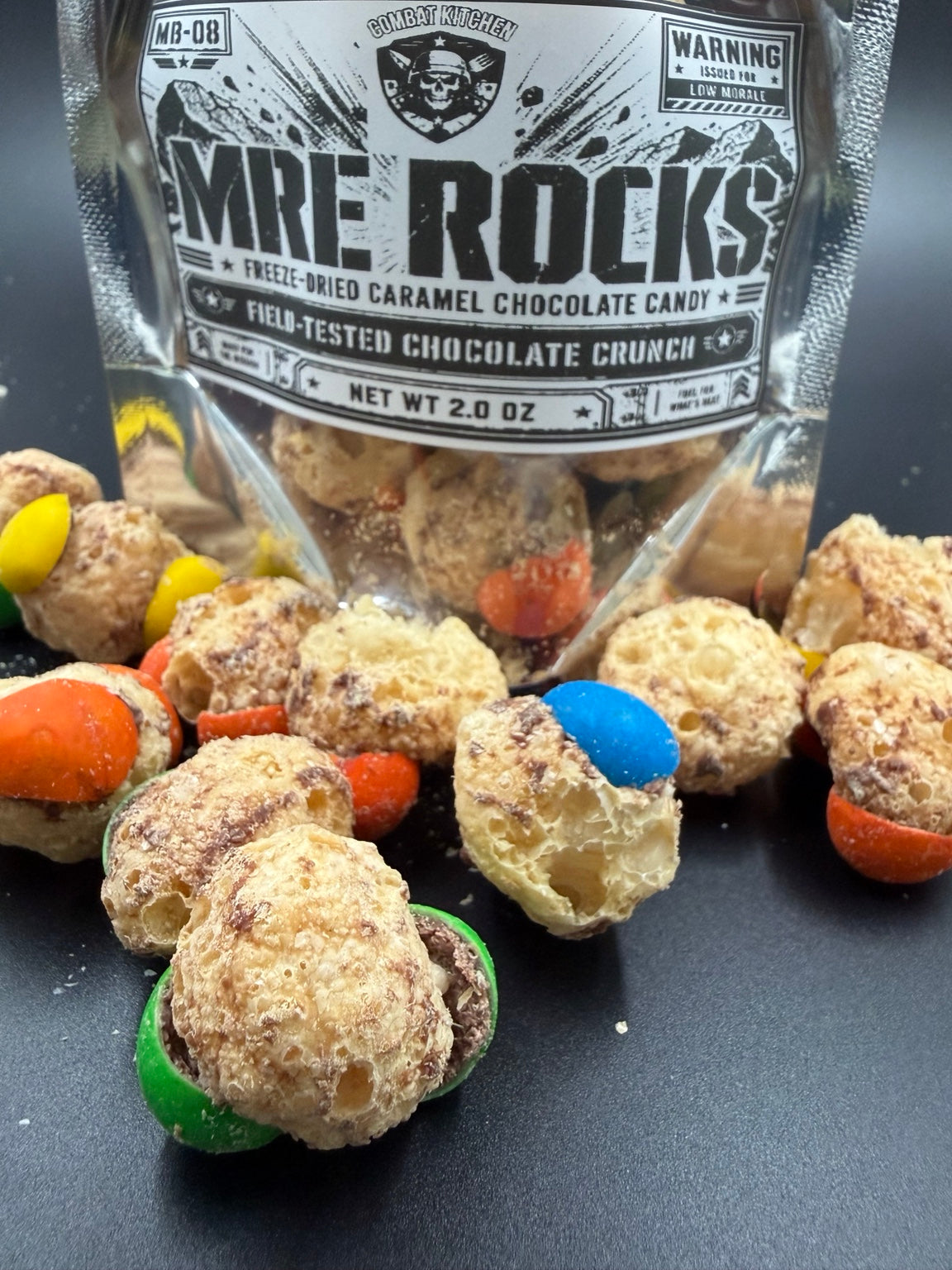 MRE Rocks freeze dried caramel chocolate candy closeup