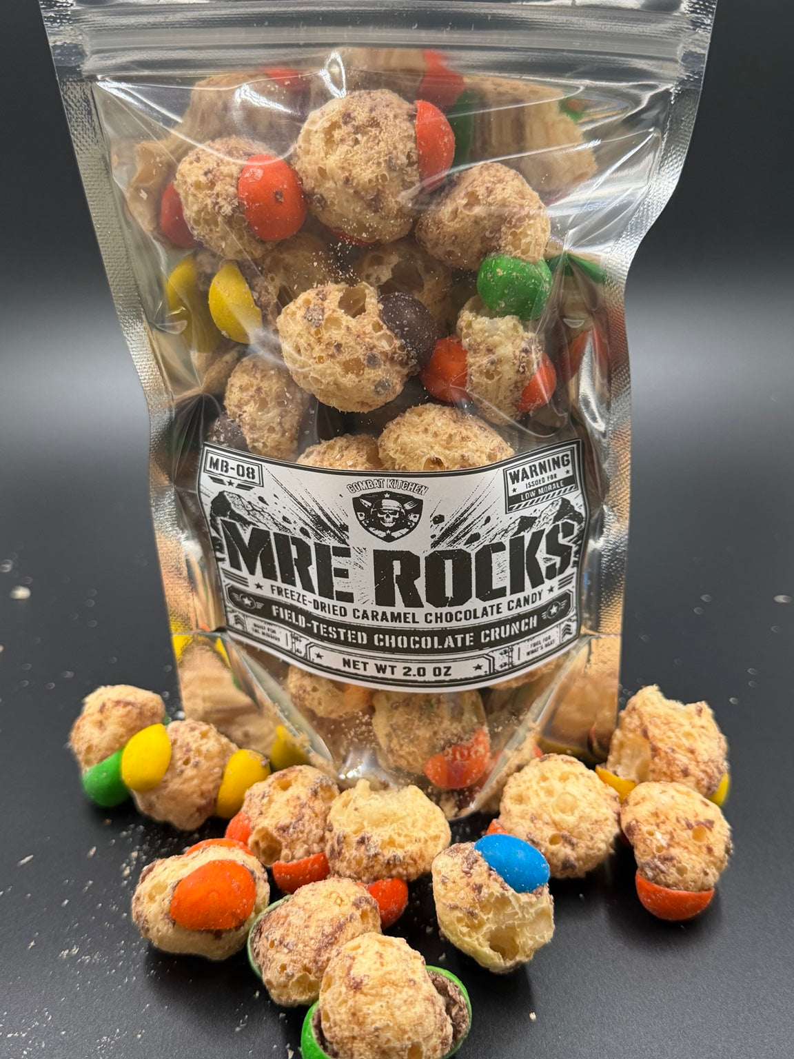 MRE Rocks freeze dried caramel chocolate candy full product shot