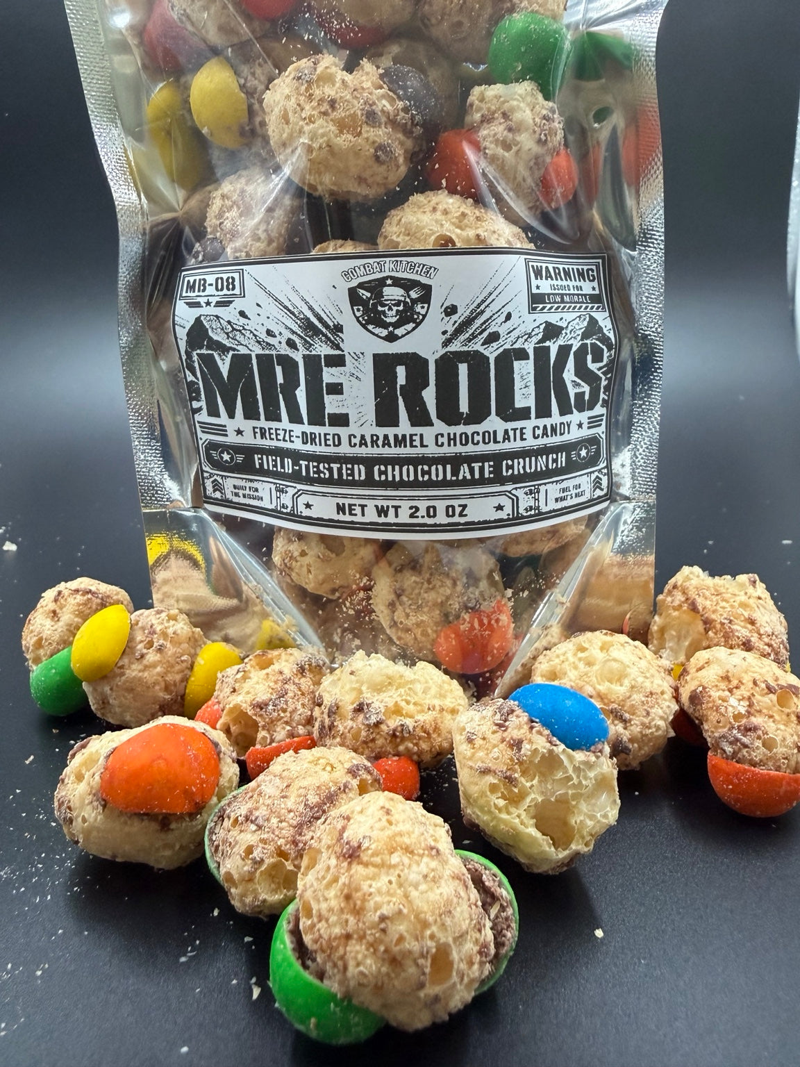MRE Rocks freeze dried caramel chocolate candy hero shot