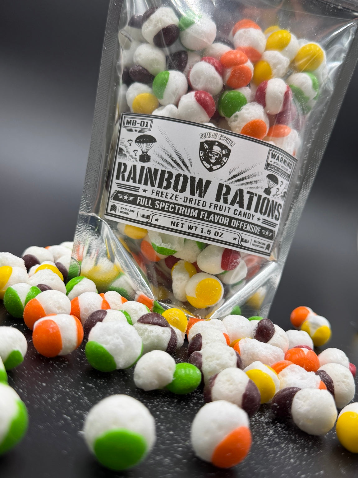 Rainbow Rations freeze dried candy angled product shot with candy spread