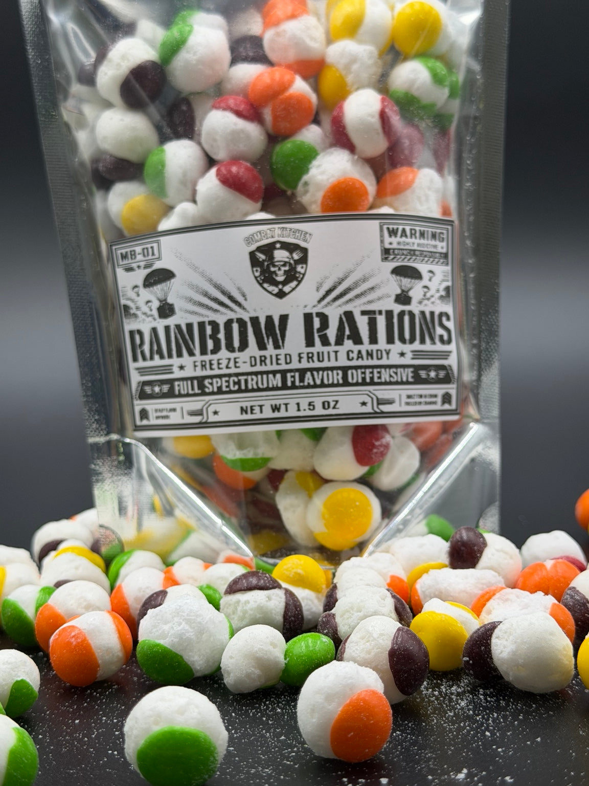 Rainbow Rations freeze dried fruit candy close up