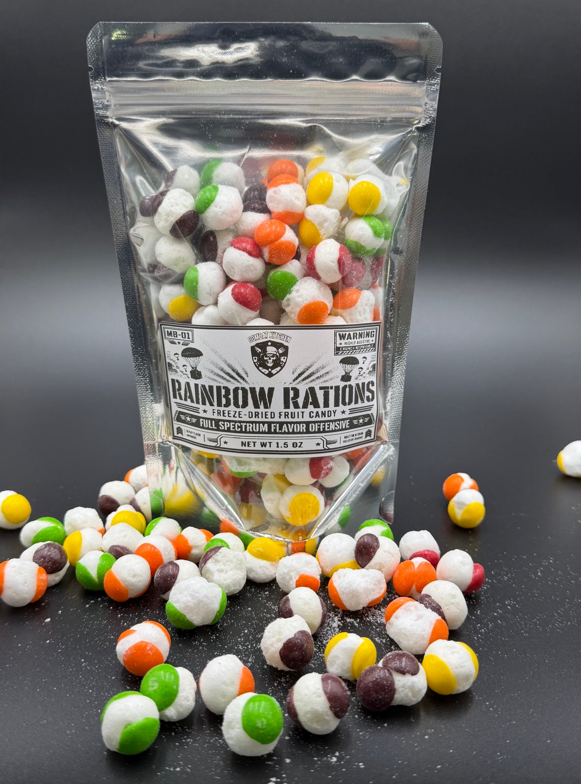 Rainbow Rations freeze dried candy pouch with candy spread