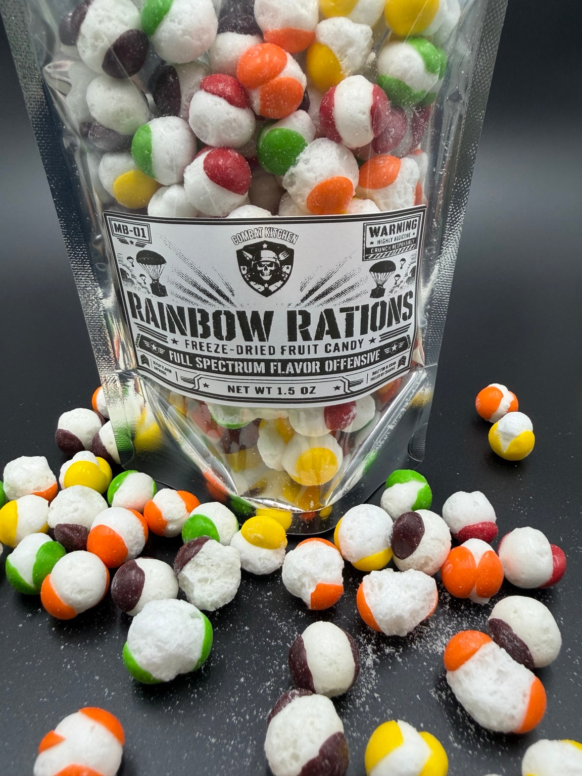 Rainbow Rations freeze dried candy label close up