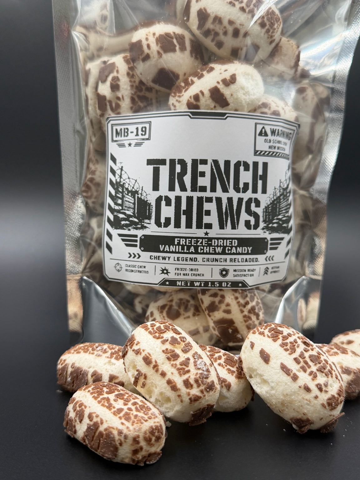 Trench Chews freeze dried vanilla chew candy closeup