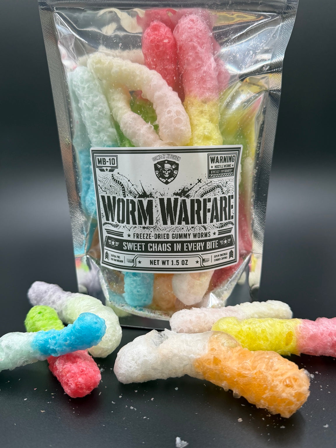 Worm Warfare freeze dried gummy worms closeup